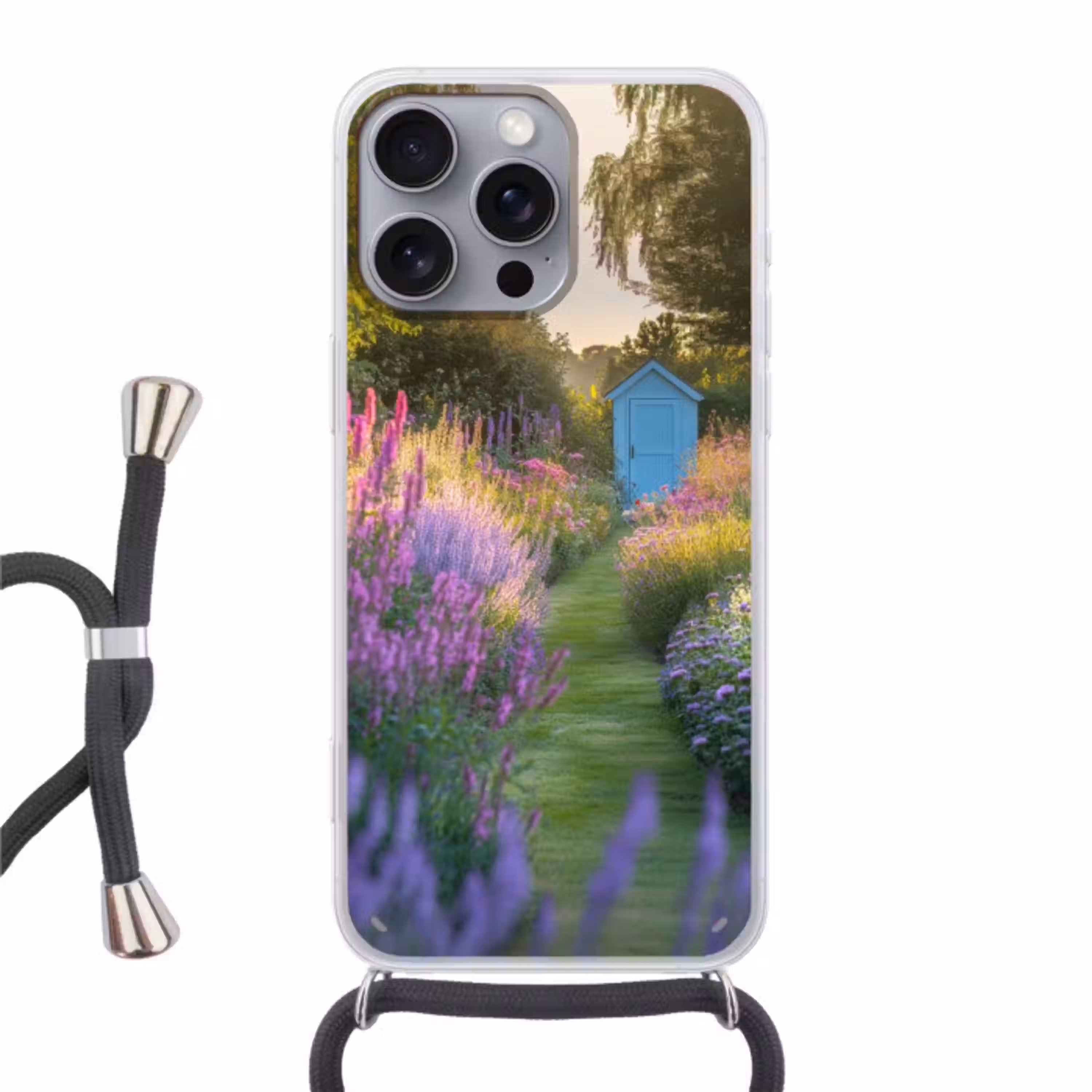 Tuinhuisje - Blauw - Bloemen Hoesje iPhone 16 Pro Max met koord klein -3d