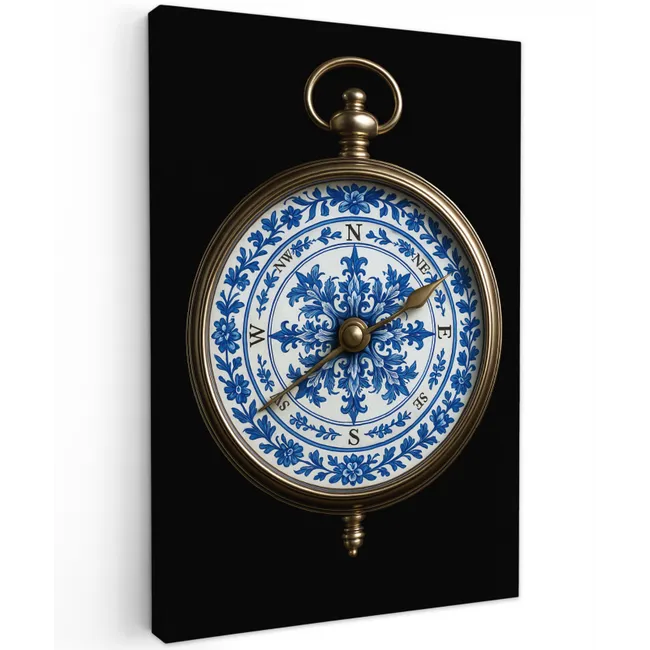 Kompas - Delfts blauw - Zwart Tuinposter op houten frame 2 cm dik klein -3d