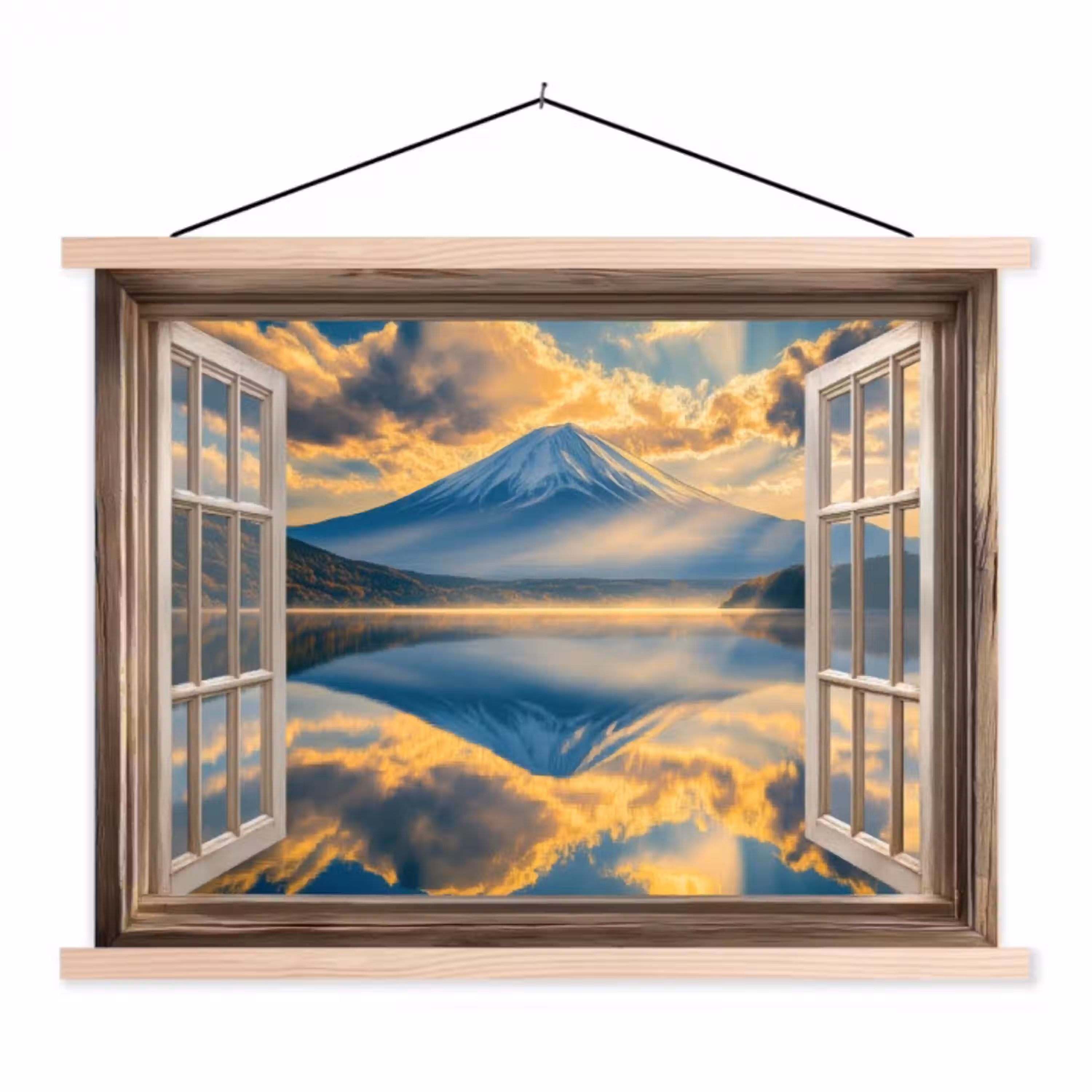 Doorkijk - Landschap - Bergen - Uitzicht - Raam textielposter latten blank klein -3d