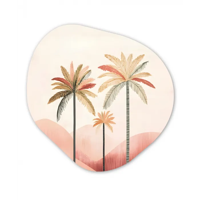Palmbomen - Heuvels - Minimalistisch - Zachtroze Wandcirkel Organisch Plexiglas middel -3d