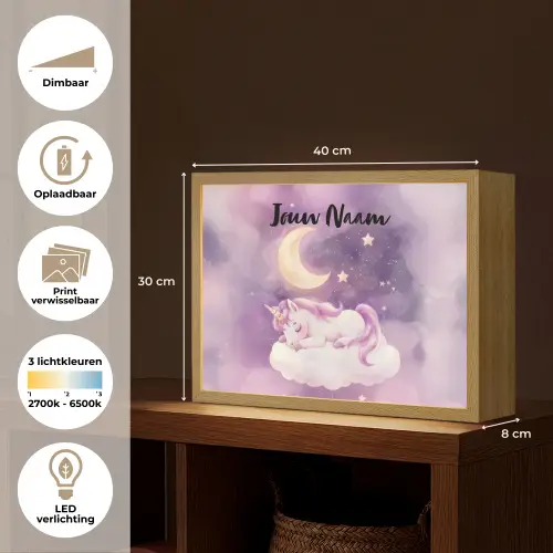 Eenhoorn - Paars - Sterrenhemel - Maan Light Box met batterij (Wandlamp kind) middel -USP_websiteoverzichtNL