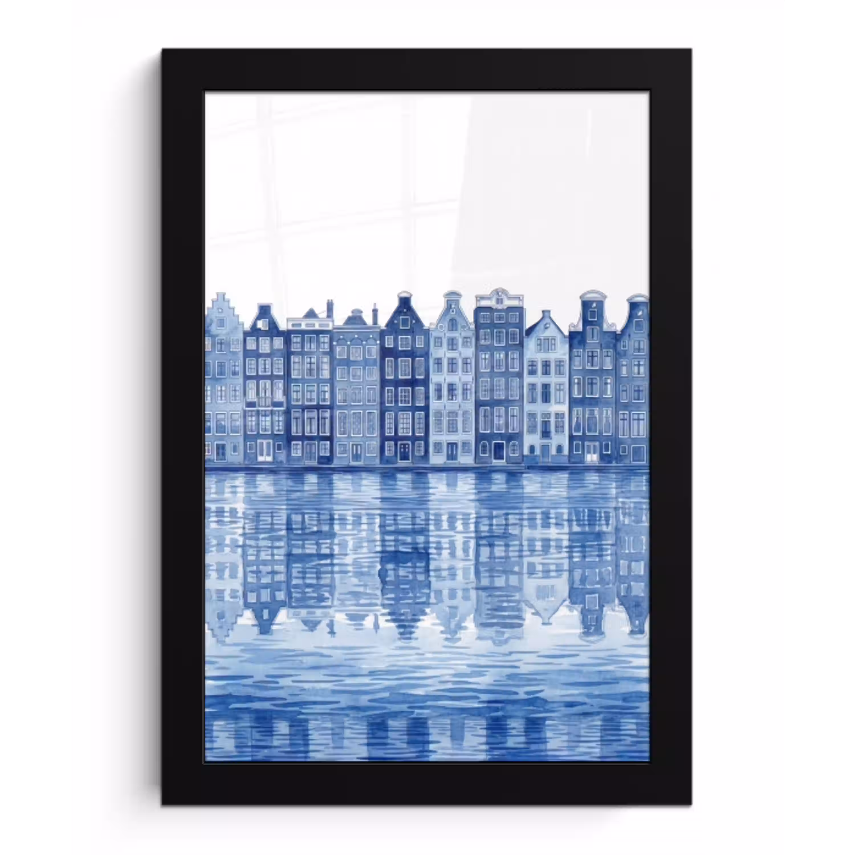 Aquarel - Grachtenpanden - Delfts - Blauw fotolijst zwart zonder passe partout klein -3d
