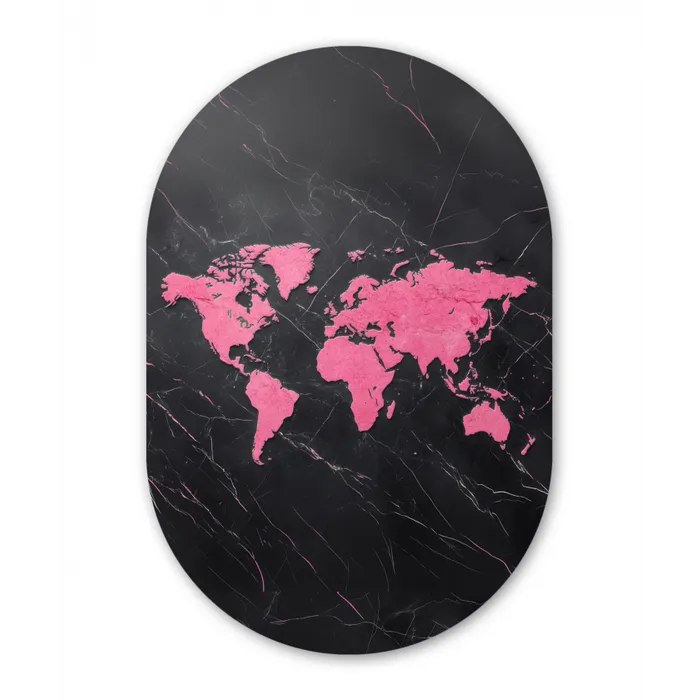 Wereldkaart - Roze - Marmer Wandcirkel Ovaal Forex klein -3d