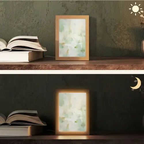 Abstract - Kunst - Wit - Groen - Modern Light Box met kabel (Tafellamp) klein -sfeer3
