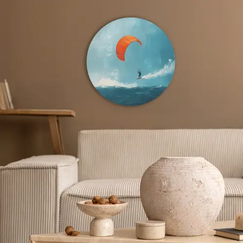 Kitesurfer - Oranje - Zee - Lucht Akoestische PET Vilt - Rond klein -sfeer1
