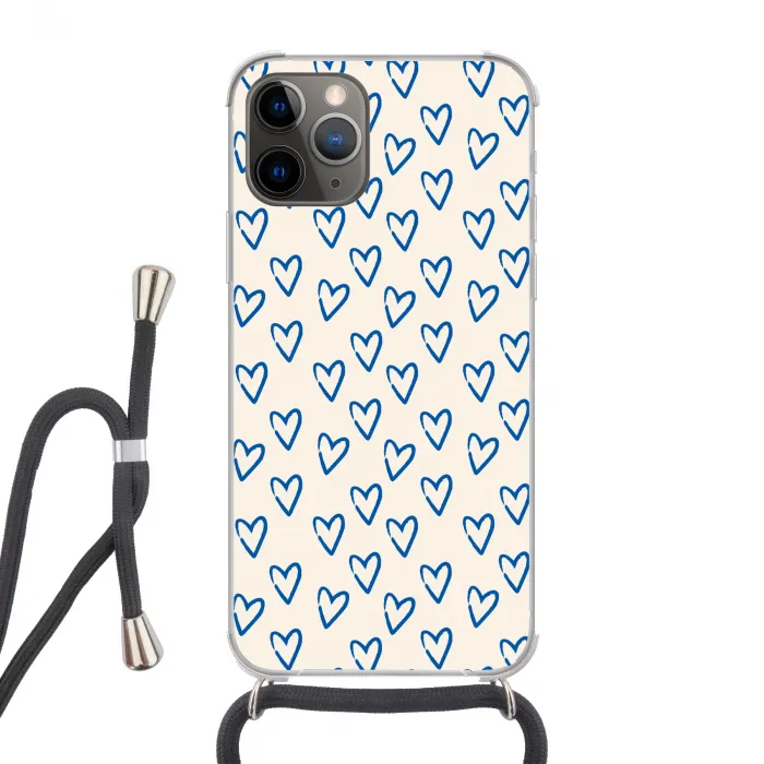 Hartjes patroon - Blauw - Beige - Liefde Hoesje iPhone 12 Pro met koord klein -3d