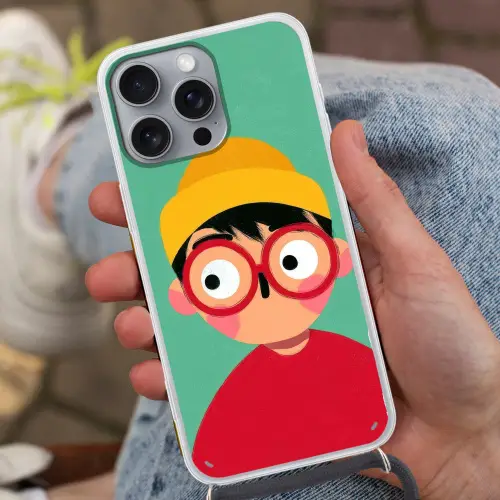 Jongen - Cartoon - Bril - Muts Hoesje iPhone 16 Pro Max met koord klein -sfeer3