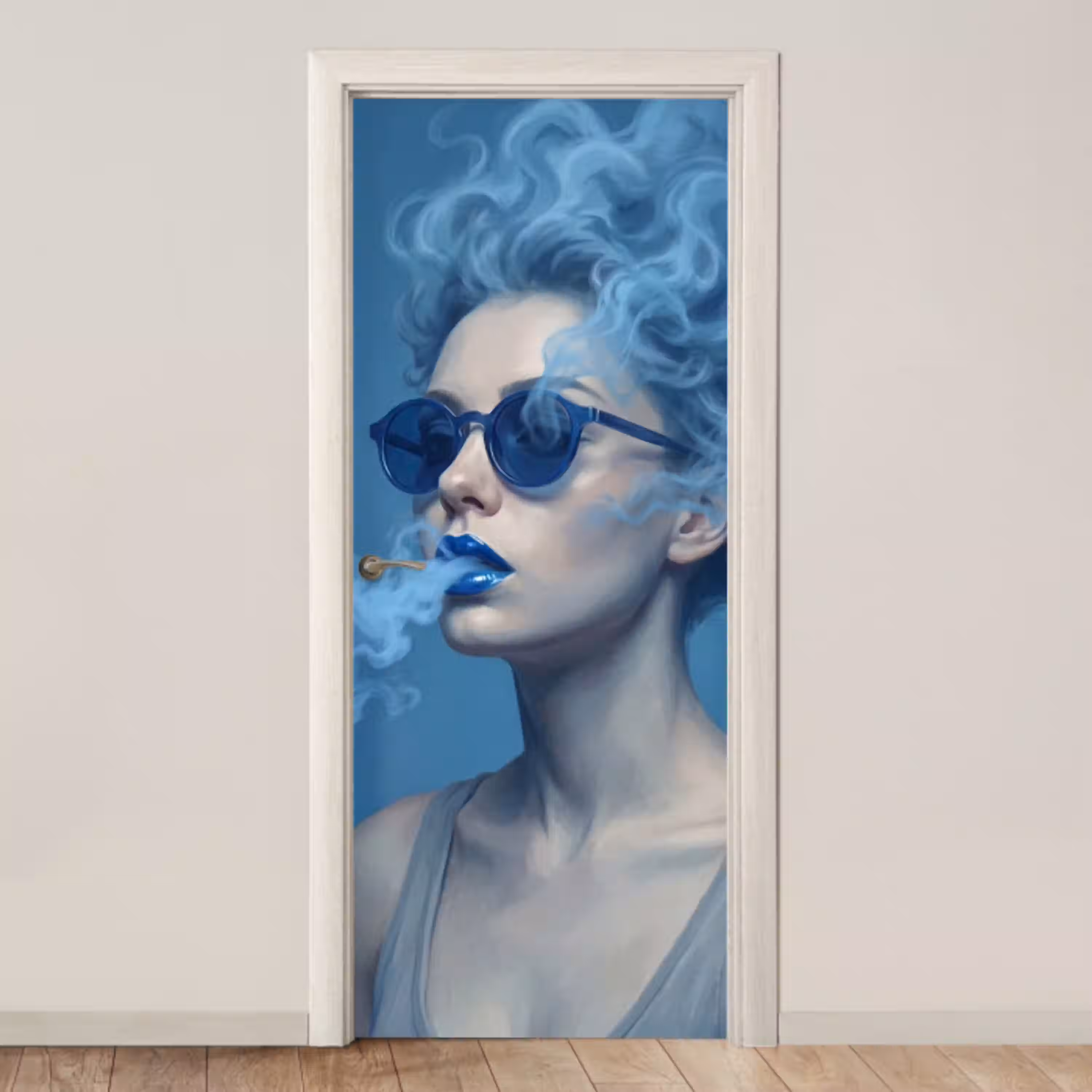 Portret - Zonnebril - Rook - Abstract - Blauw deurposter klein -3d_beige