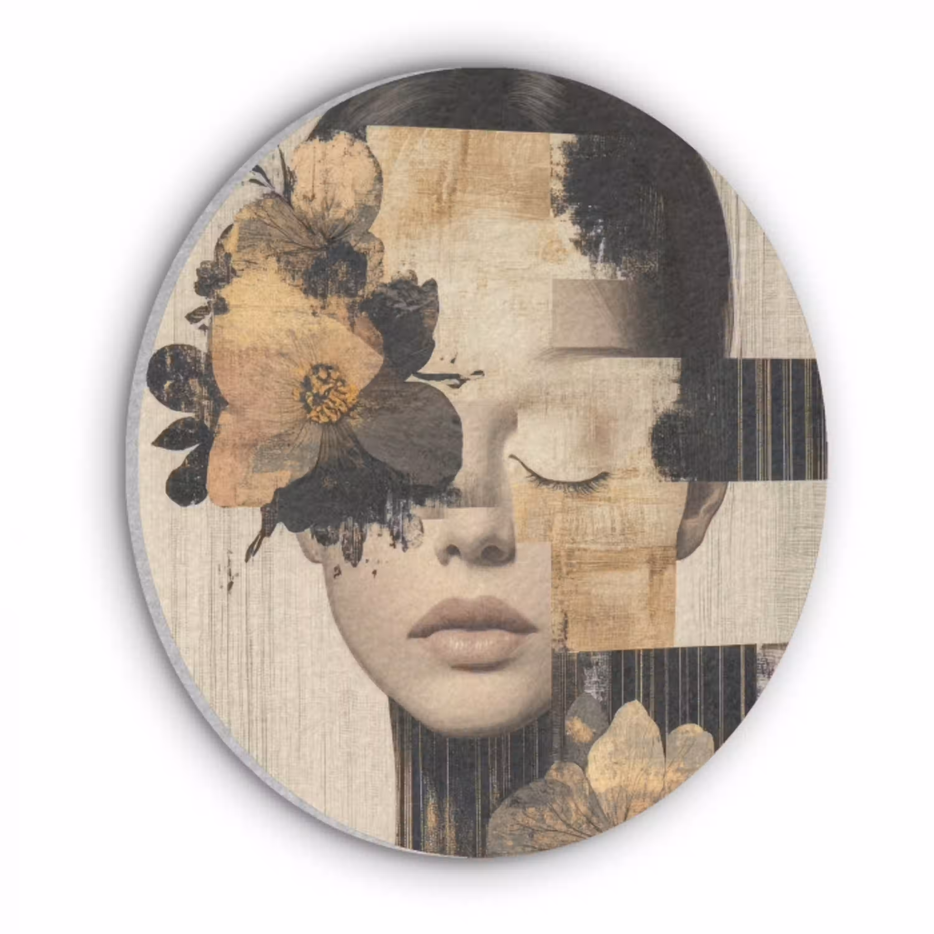 Gezicht - Bloemen - Zwart - Vrouw Akoestische PET Vilt - Rond klein -3d