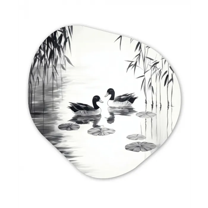 Eenden - Waterlelies - Riet - Zwart Wandcirkel Organisch Aluminium middel -3d
