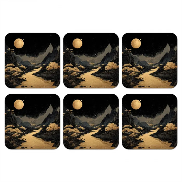 Gouden rivier - Bergen - Maan - Sterrenhemel onderzetter kurk middel -3d