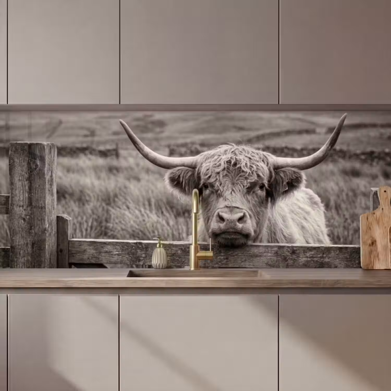 Küchenrückwand - Schottischer Highlander - Schwarz - Weiß - Holz