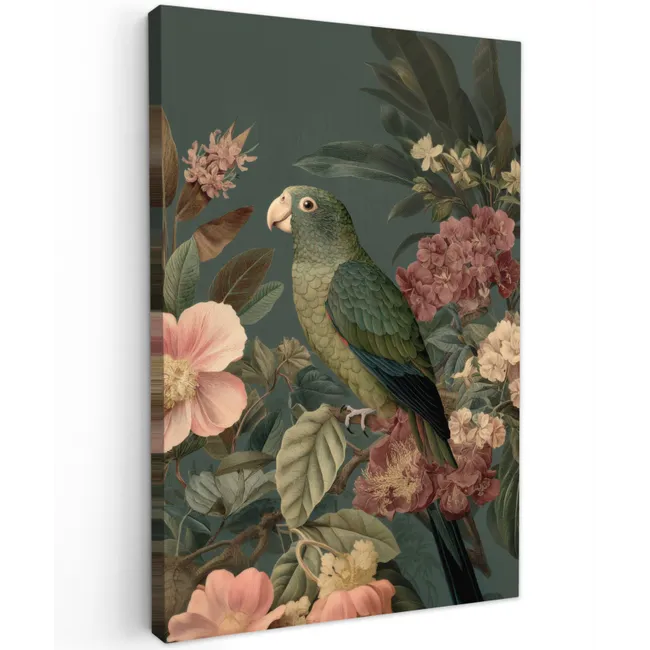 Groene papegaai - Kleurrijke bloemen - Donkere achtergrond canvas 2cm klein -z3d