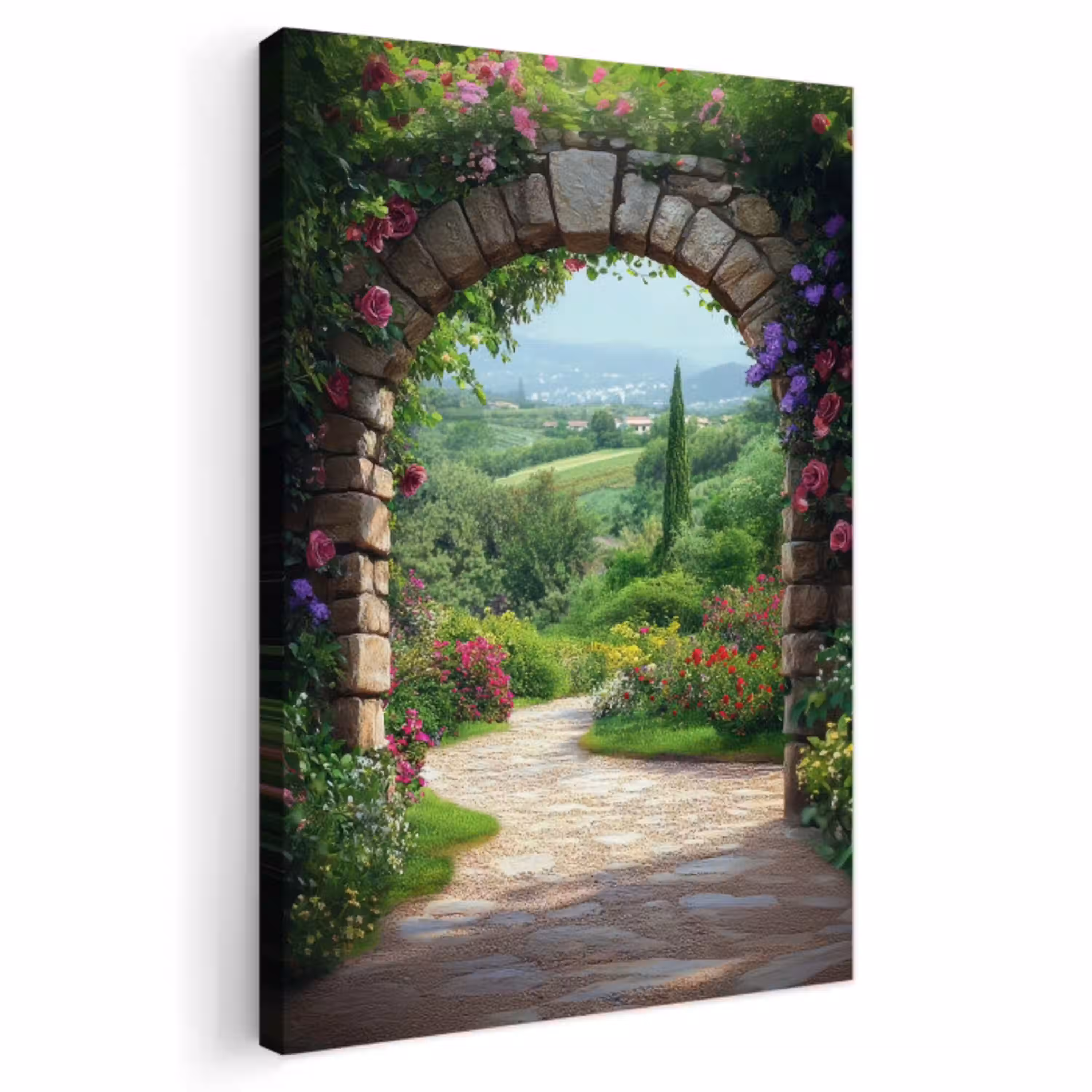 Doorkijk - Landschap - Bloemen - Pad - Uitzicht Tuinposter op houten frame 2 cm dik klein -3d