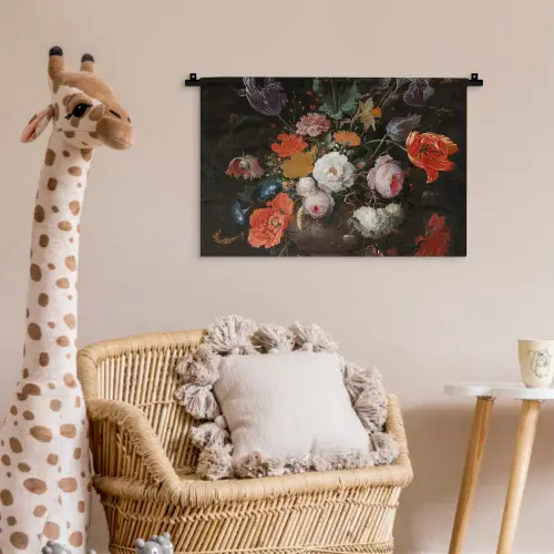 Stilleven met bloemen en een horloge - Schilderij van Abraham Mignon Wandkleed katoen klein -wsfeer5_kind