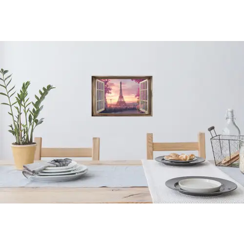 Doorkijk - Parijs - Eiffeltoren - Roze - Kersenbloesem Muursticker klein -eettafel