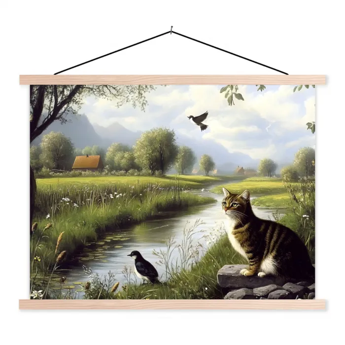 Kat - Beekje - Weide textielposter latten blank klein -3d