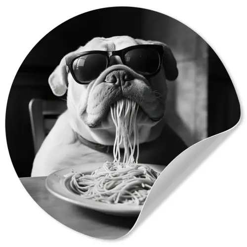 Hond - Bulldog - Pasta - Bril - Stoer - Dieren Wandcirkel behangsticker klein -3d