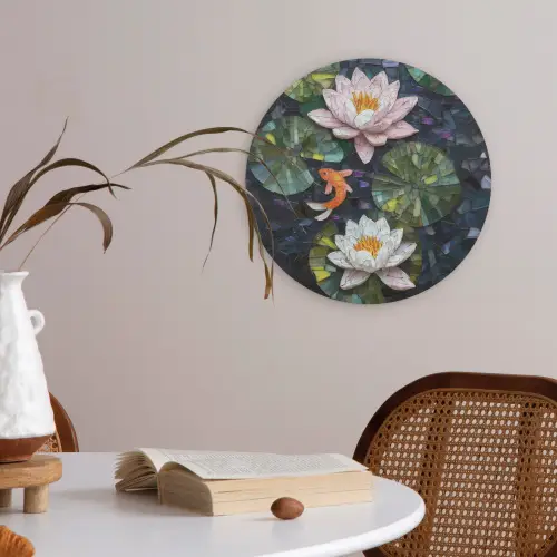 Glasstukjes - Leliebladeren - Vis - Oranje Akoestische PET Vilt - Rond klein -sfeer3