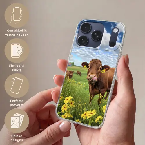 Koe - Weide - Bloemen Telefoonhoesje iPhone 17 Pro klein -sfeer3_NL