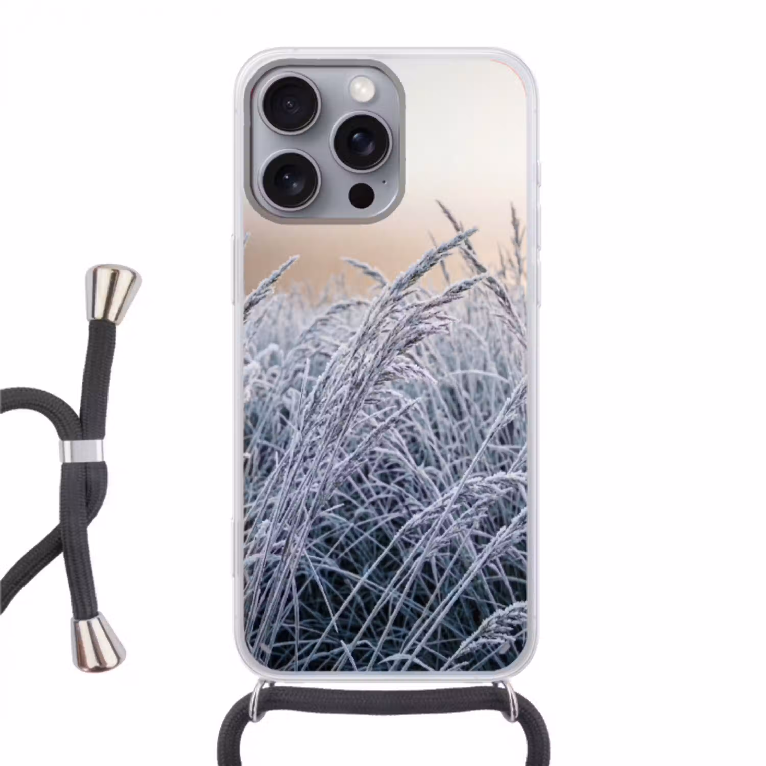 Rijp - Gras - Kristallen - Winter - Minimalistisch Hoesje iPhone 16 Pro Max met koord klein -3d