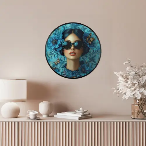 Vrouw - Bloemen - Vlinders - Blauw - Abstract Fotolijst rond zonder passe partout klein -sfeer3