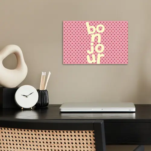 Bonjour - Stippen - Roze- Geel poster papier klein -sfeer1