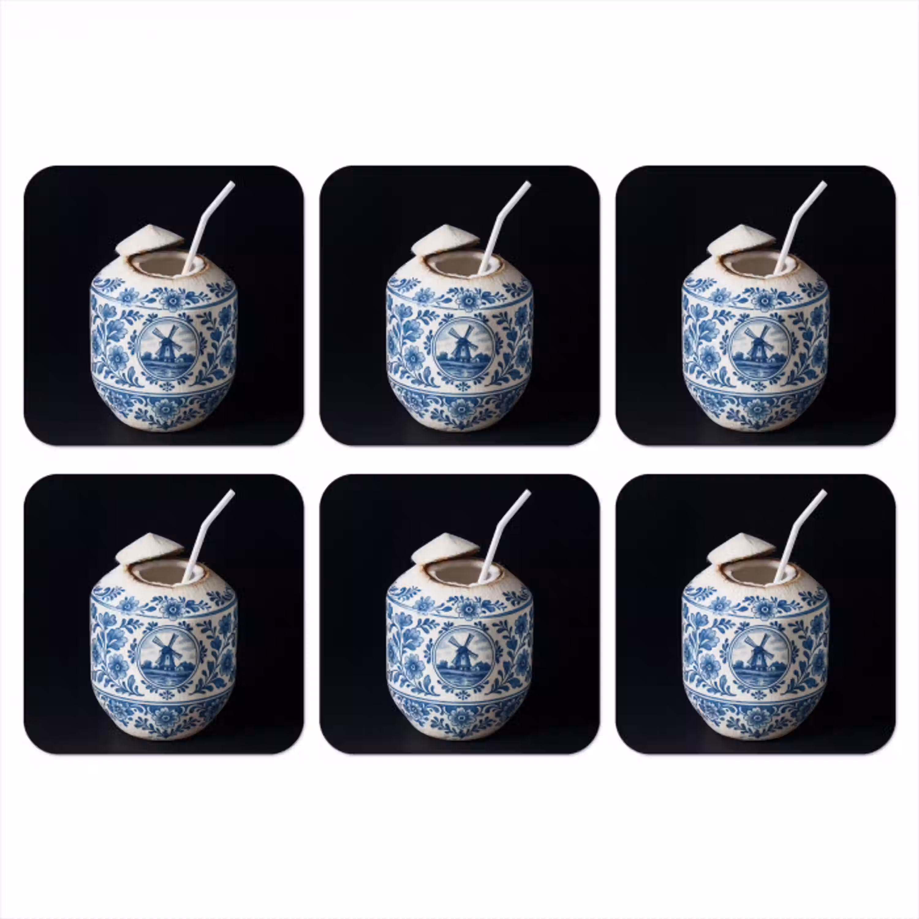 Kokosnoot - Eten - Delfts blauw - Drinken onderzetter kurk middel -3d