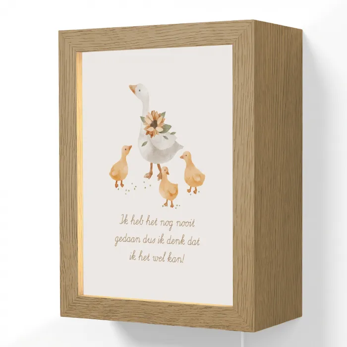 Boerderij dieren - Eend - Quote - 'Ik heb het nog nooit gedaan dus ik denk dat ik het wel kan!' Light Box met kabel (Wandlamp kind) klein -3d