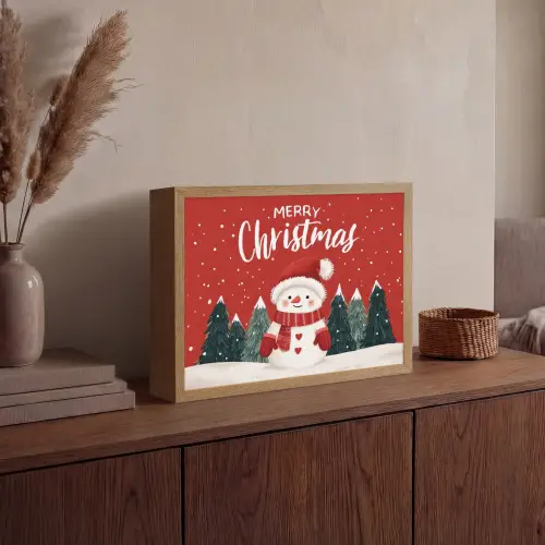 Kerstgroet - Sneeuw - Rood Light Box met batterij (Wandlamp) middel -sfeer2