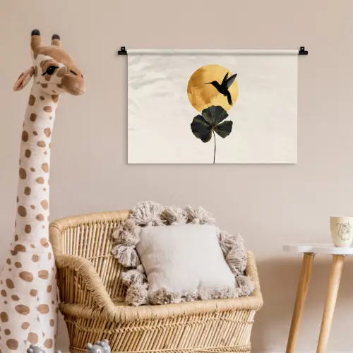 Zwarte kolibrie - Bloem - Gouden cirkel Wandkleed katoen klein -wsfeer5_kind