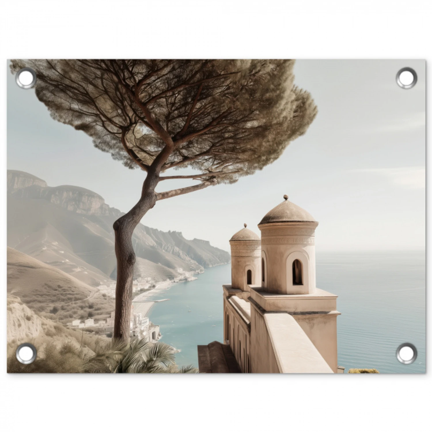 Kust - Klif - Boom - Gebouw tuinposter los doek klein -3d