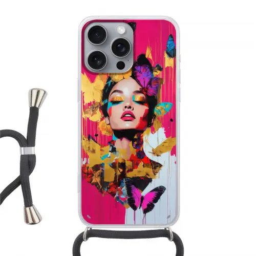 Vrouw - Abstract - Kleurrijk Hoesje iPhone 16 Pro Max met koord klein -3d
