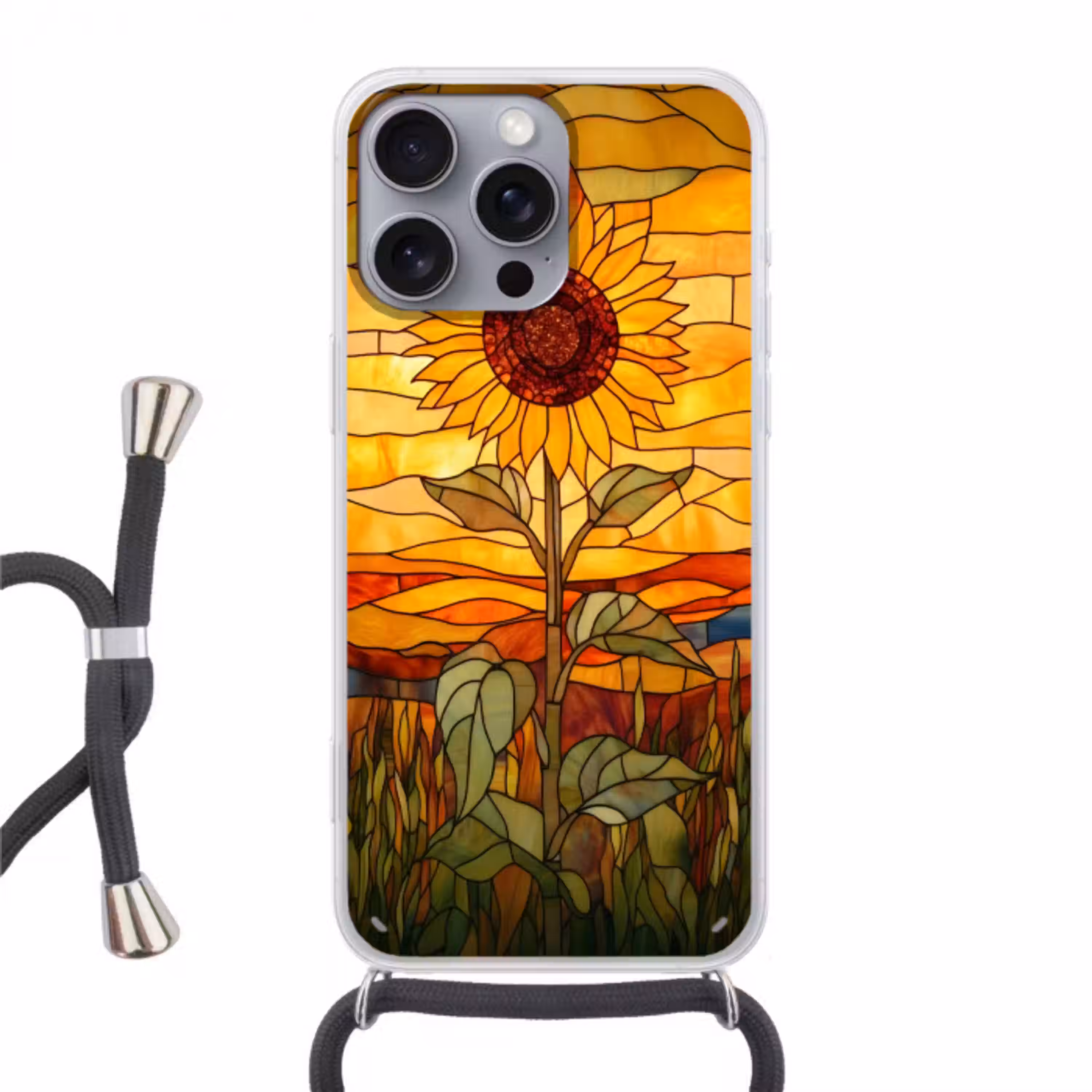Zonnebloem - Mozaïek - Zonsondergang - Geel Hoesje iPhone 16 Pro Max met koord klein -3d