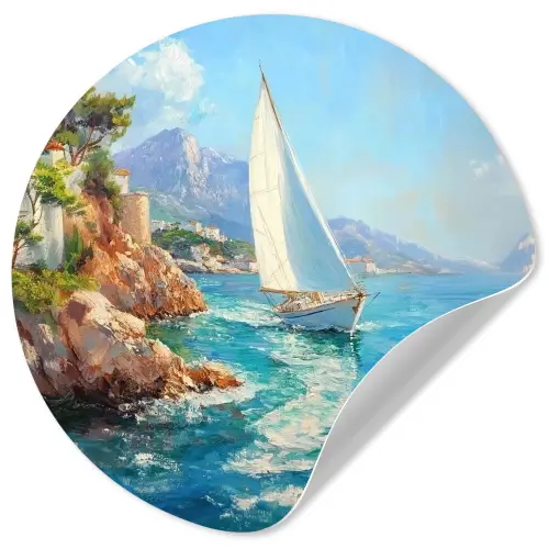 Zeilboot - Rotsen - Kust - Huizen Wandcirkel behangsticker klein -3d