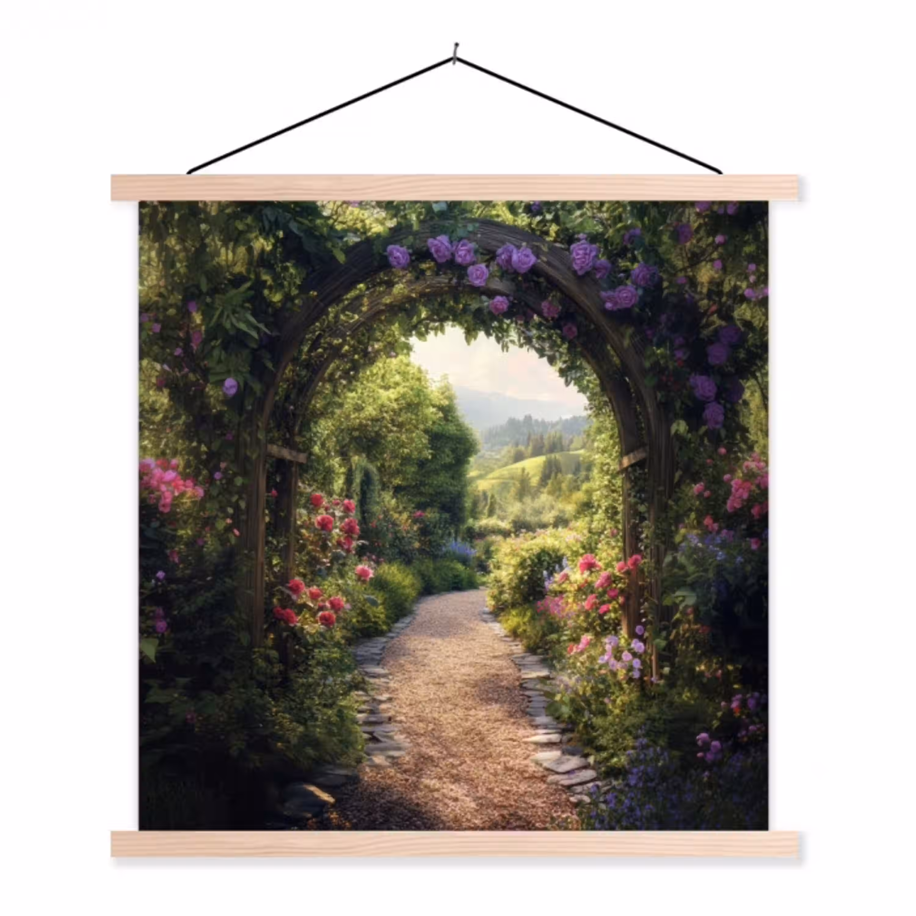 Doorkijk - Landschap - Bloemen - Tuinboog - Natuur textielposter latten blank klein -3d