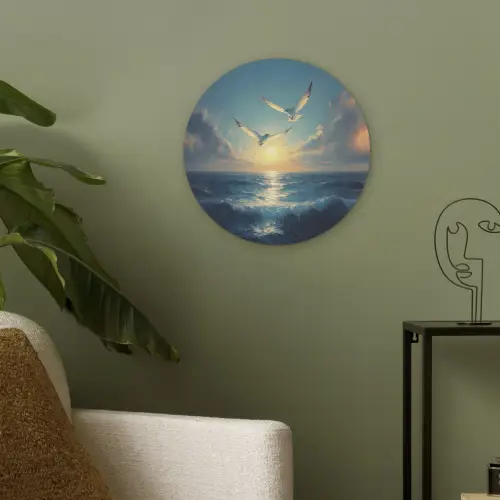 Meeuwen - Zee - Wolken -Blauw Akoestische PET Vilt - Rond klein -sfeer2