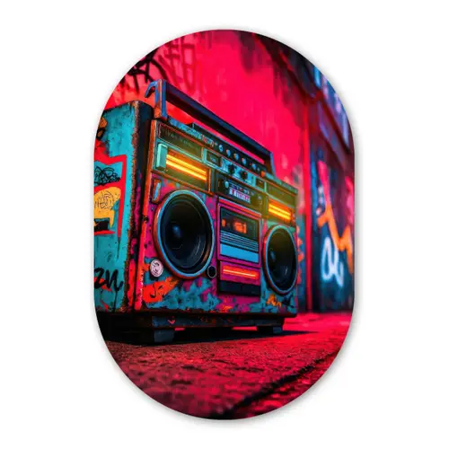 Boombox - Rood - Graffiti - Neon Wandcirkel Ovaal Glas middel -3d