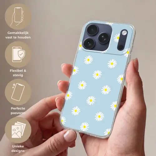 Madeliefjes - Pastel - Wit - Blauw - Bloemen Telefoonhoesje iPhone 17 Pro klein -sfeer3_NL