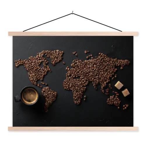 Wereldkaart - Espresso - Zwart textielposter latten blank klein -3d