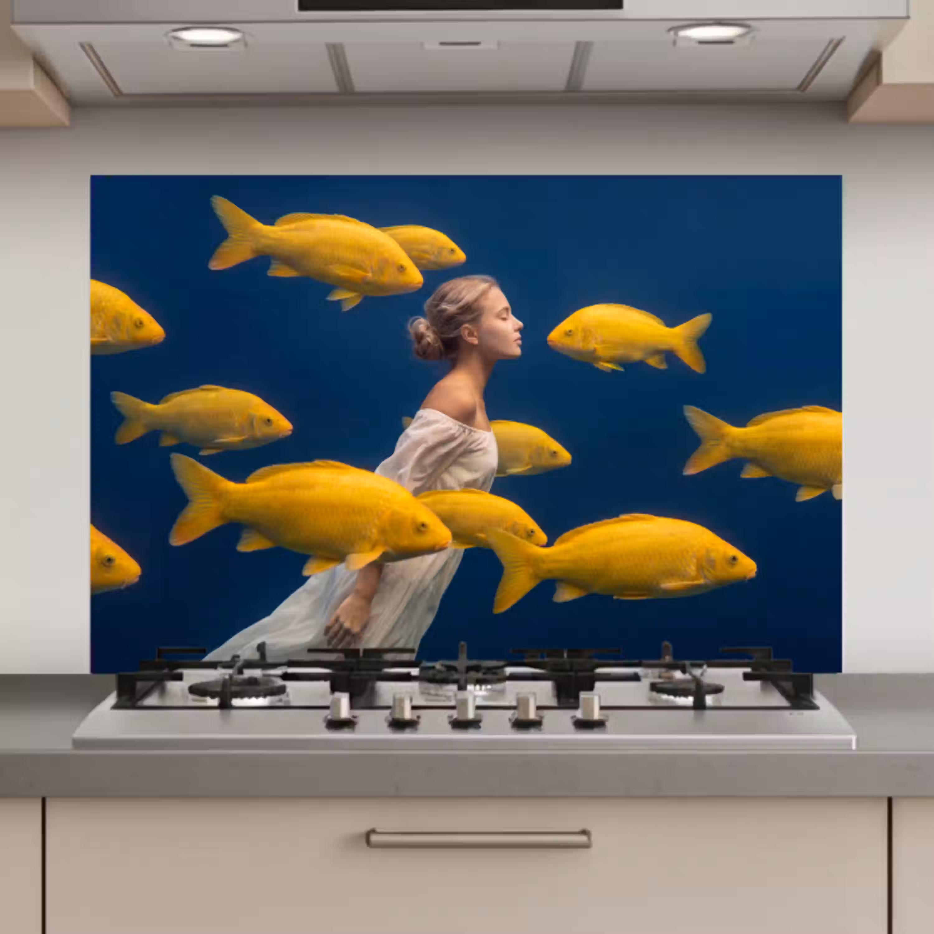 Vrouw - Vis - Water - Natuur - Geel keuken achterwand spatscherm klein -3d_website