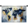 Wereldkaart - Blauw - Abstract Wandkleed katoen klein -zz3d