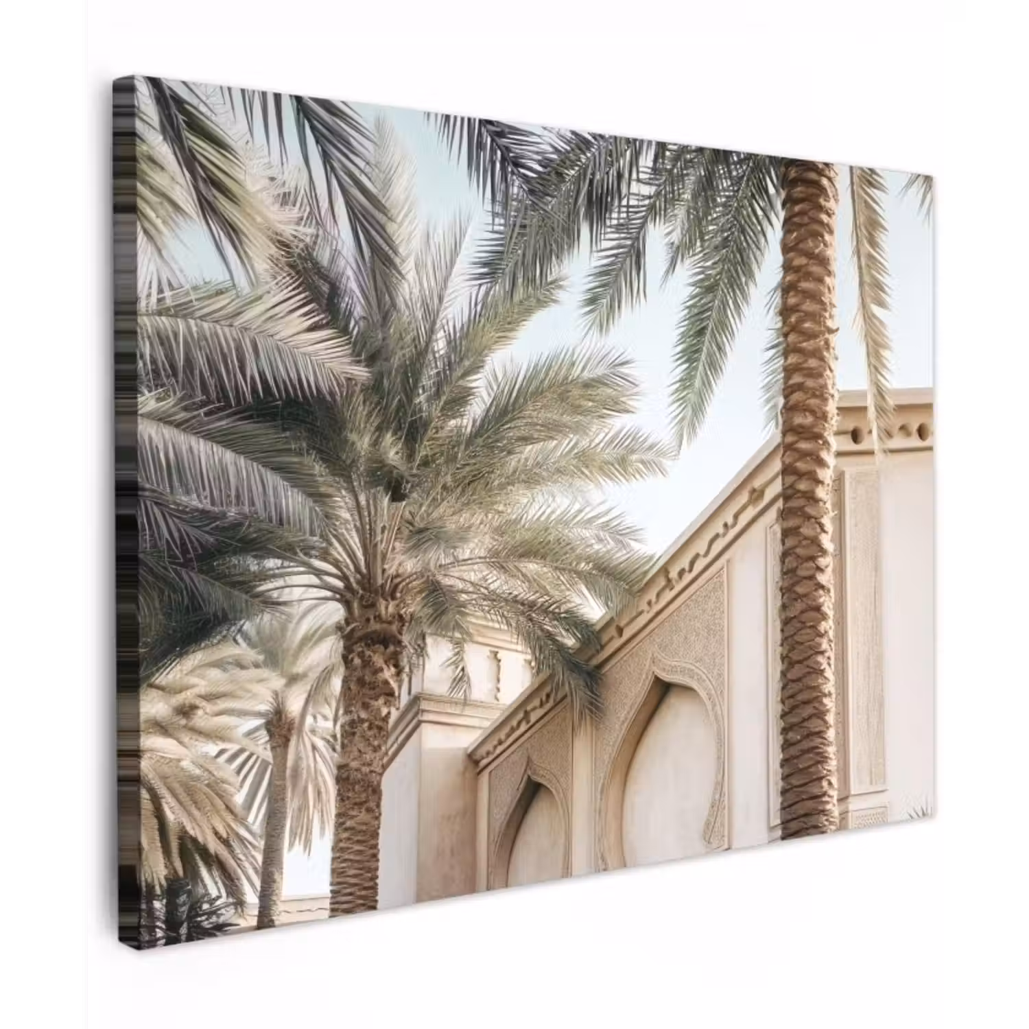 Canvas schilderij - Gebouw - Palmbomen - Beige - Zon