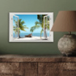 Doorkijk - Strand - Palmboom - Boot - Tropisch - Zee - Blauw aluminium wit klein -sfeer2