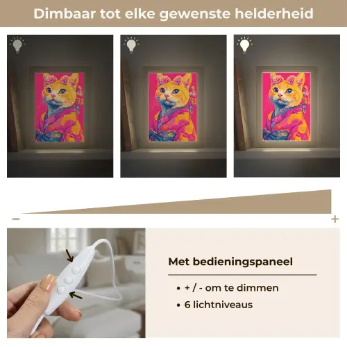Kat - Kimono - Bloemen - Roze Light Box met kabel (Tafellamp) klein -USP_dimbaarNL