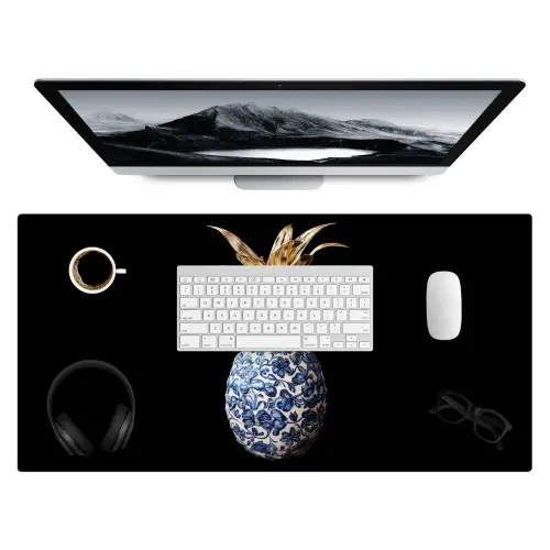 Ananas - Bloemen patroon - Goud - Delftsblauw Muismat XXL klein -3d