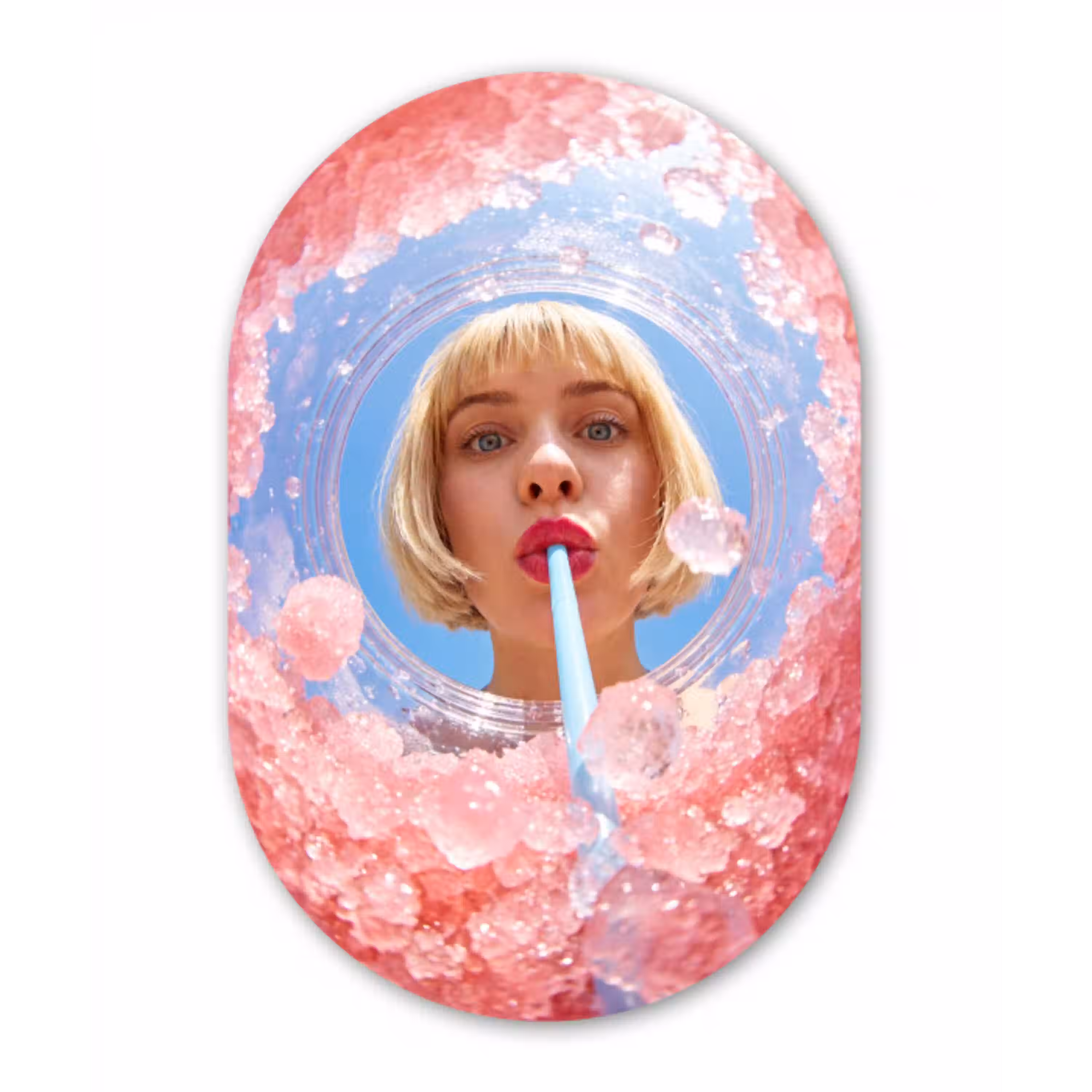Vrouw - Drank - Zomer - Roze - Blauw Wandcirkel Ovaal Aluminium middel -3d