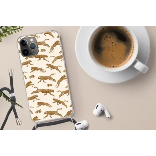 Panters - Dieren - Beige - Bruin - Patroon Hoesje iPhone 12 Pro met koord klein -oordop