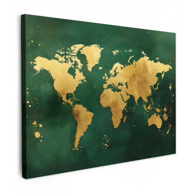 Canvas schilderij - Wereldkaart - Groen - Goud