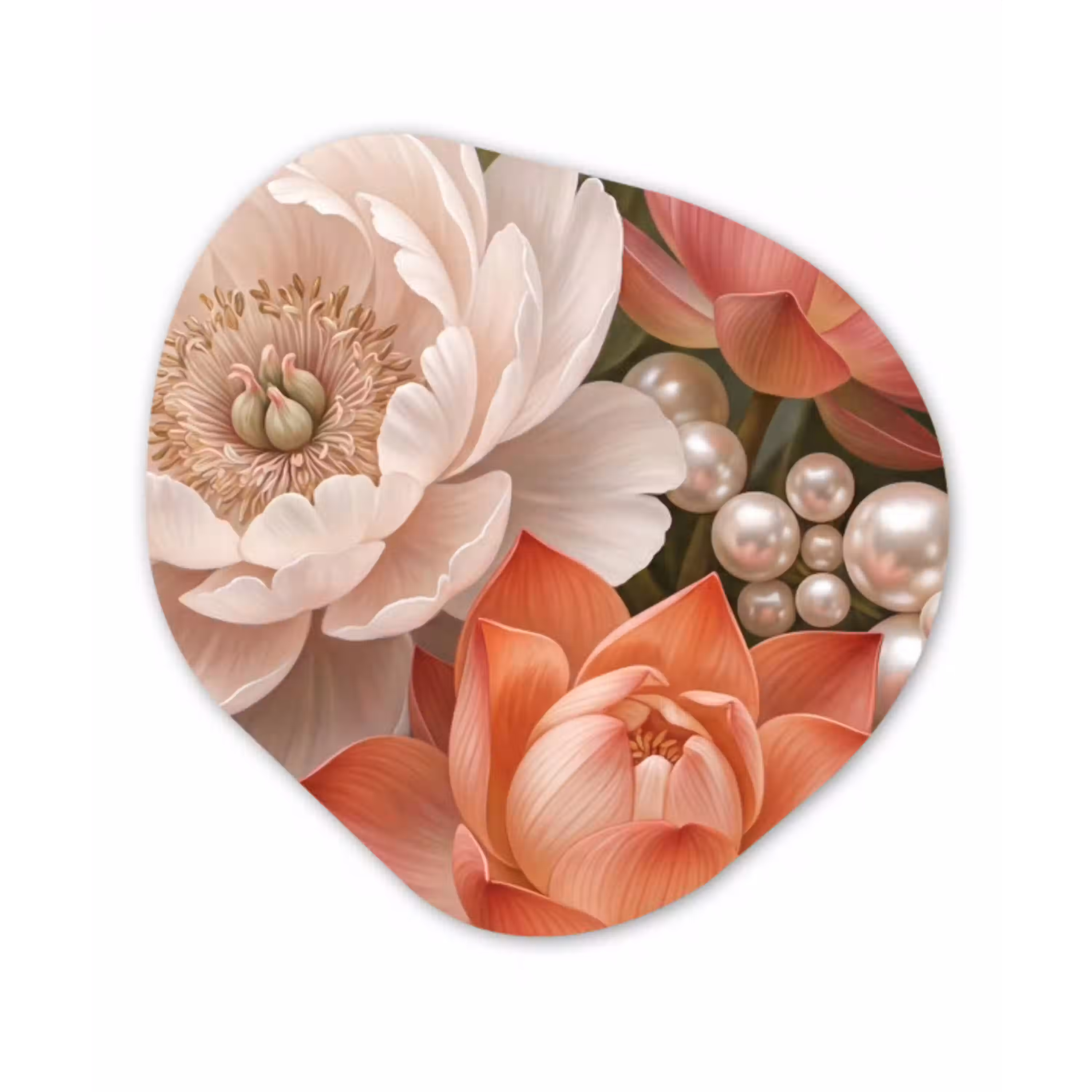 Bloemen - Parels - Elegant - Roze - Wit Wandcirkel Organisch Aluminium middel -3d
